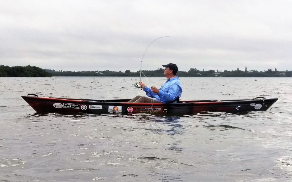 Wade fishing from a kayak, Waterline