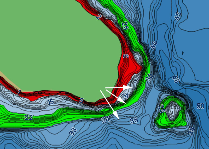 bathy map of fishing hotspot on the shoreline