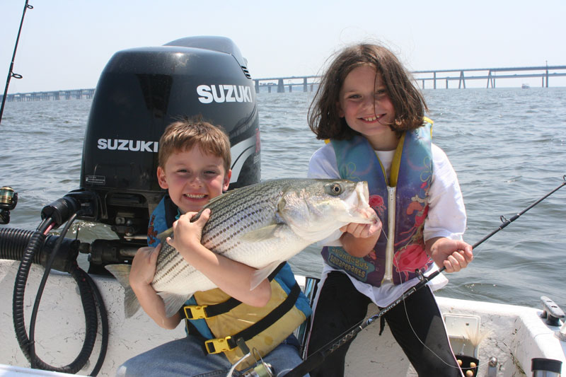 striper caught fishing in chesapeake bay with bay bridge in background