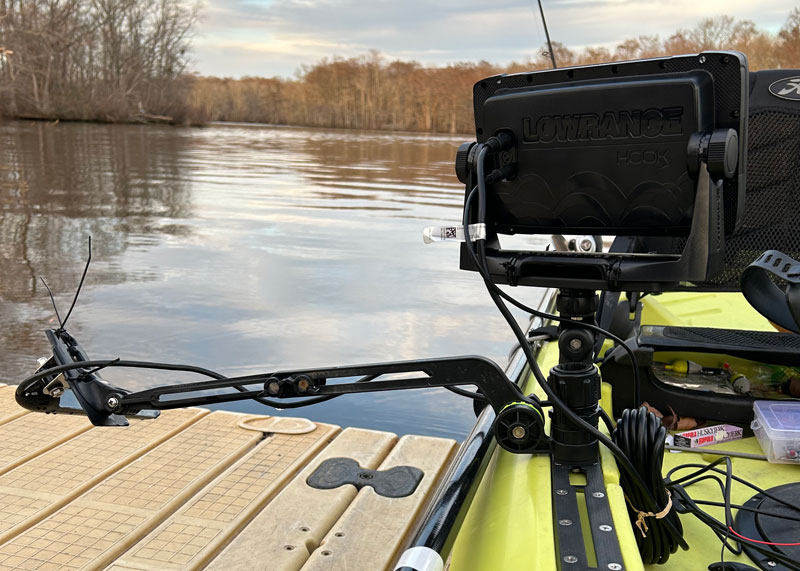 arm mount fishfinder transducer on a kayak