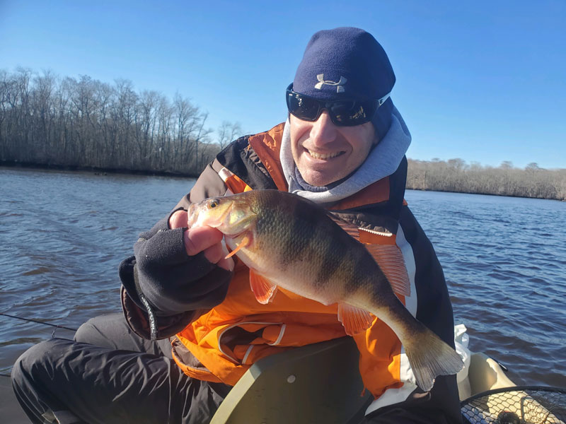 an angler with a yellow perch caught while winter fishing