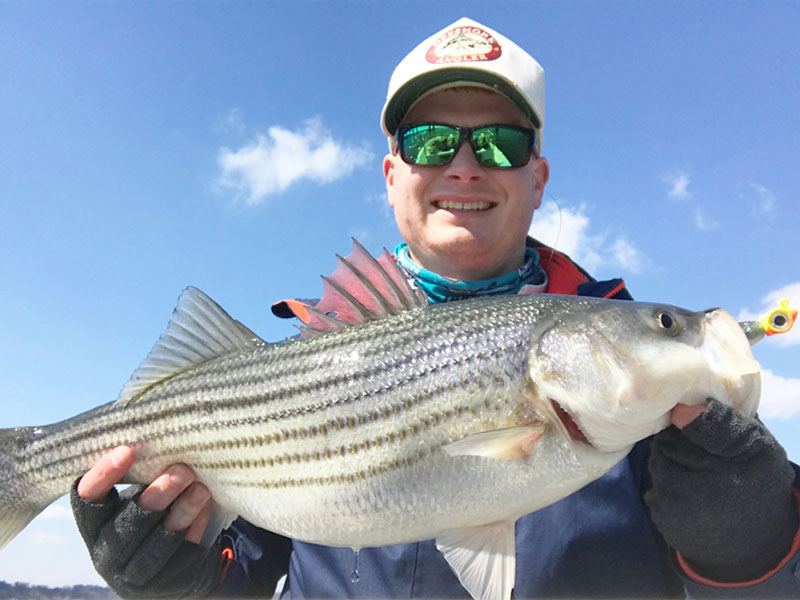 angler with a striped bass caught in winter