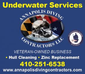Annapolis Diving Contractors is a Complete underwater services. 24 hour emergency service. Salvage. Hull cleaning. Propeller sales and service. Zinc replacement. Mooring installation.